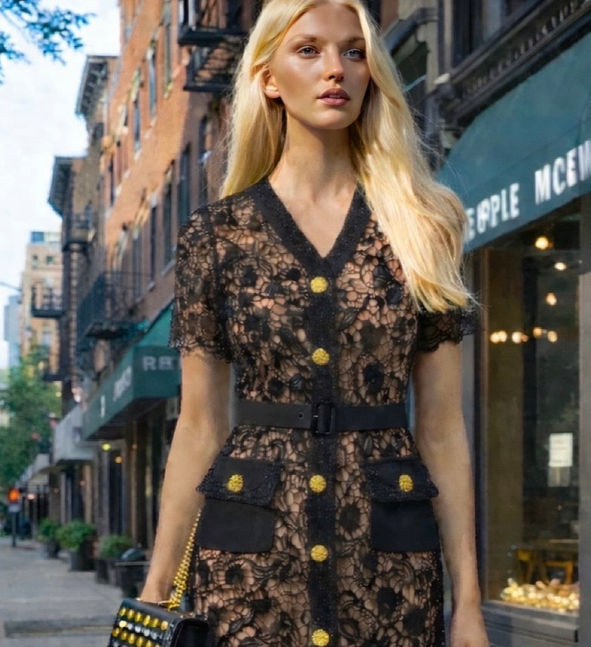 Vestido Julia camisero de encaje bordado y forro interior, 7 colores, tallas (36-46)