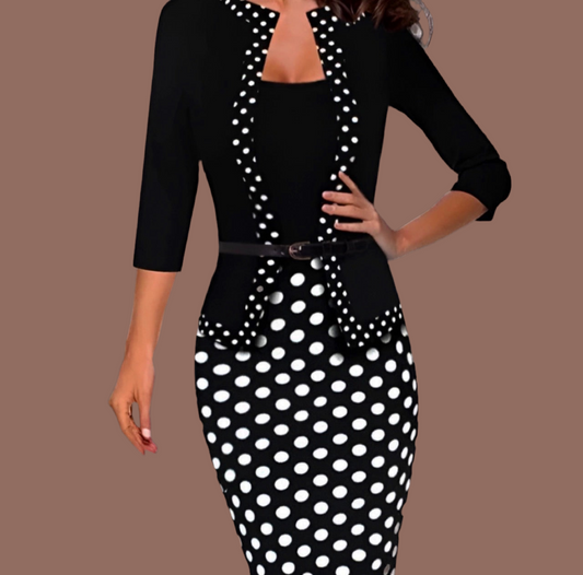 Romeria 2-in-1 polka dot dress with belt included, crepe with lycra, 6 sizes