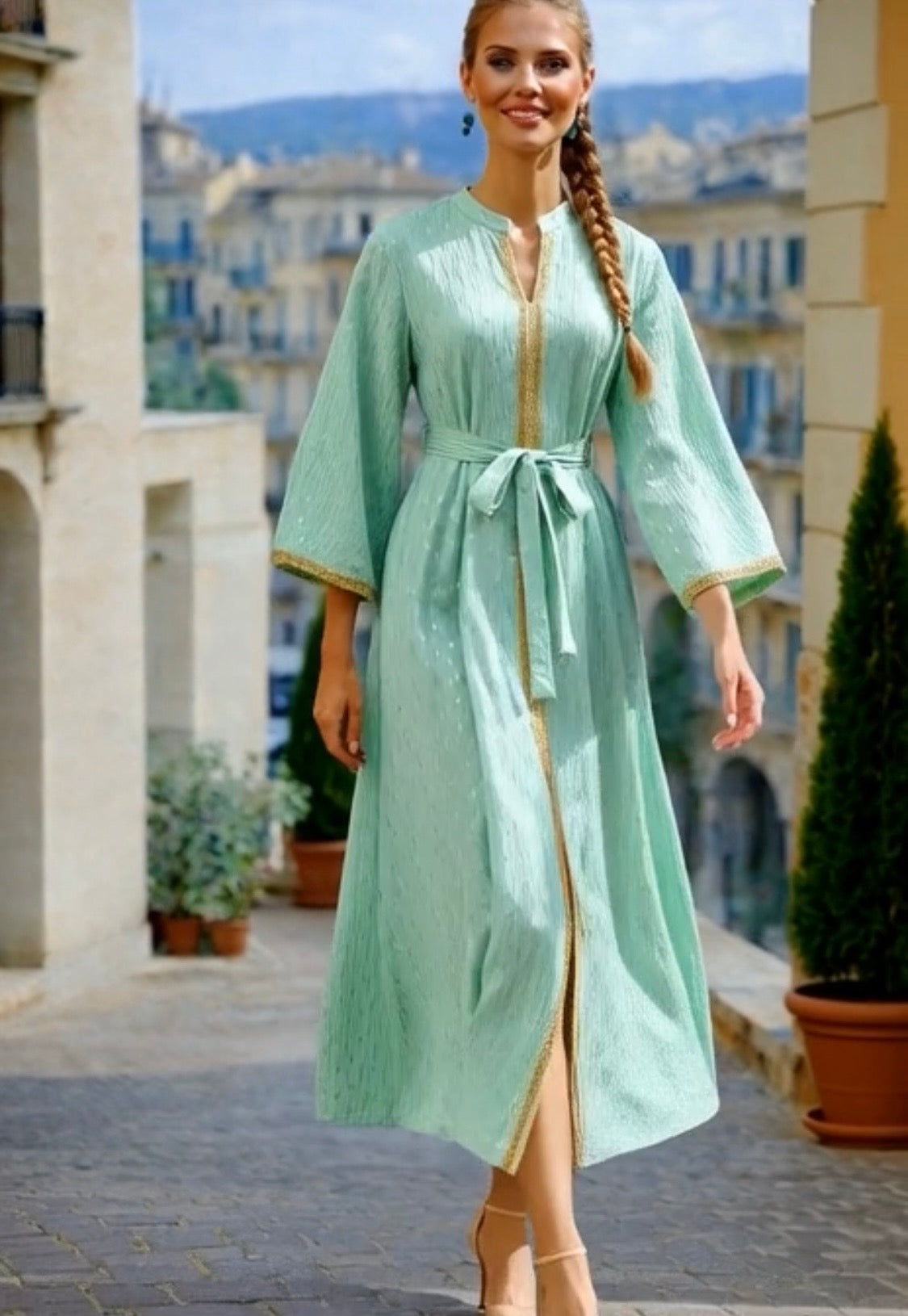 Vestido Grimaldi estampado con fajín, tallas(36-48)