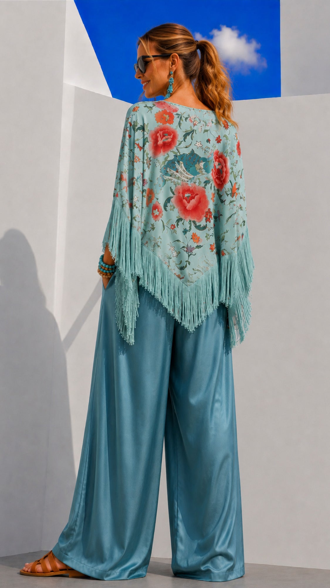 Blusón Aisha satinado flecos azul, talla (34-50)vídeo