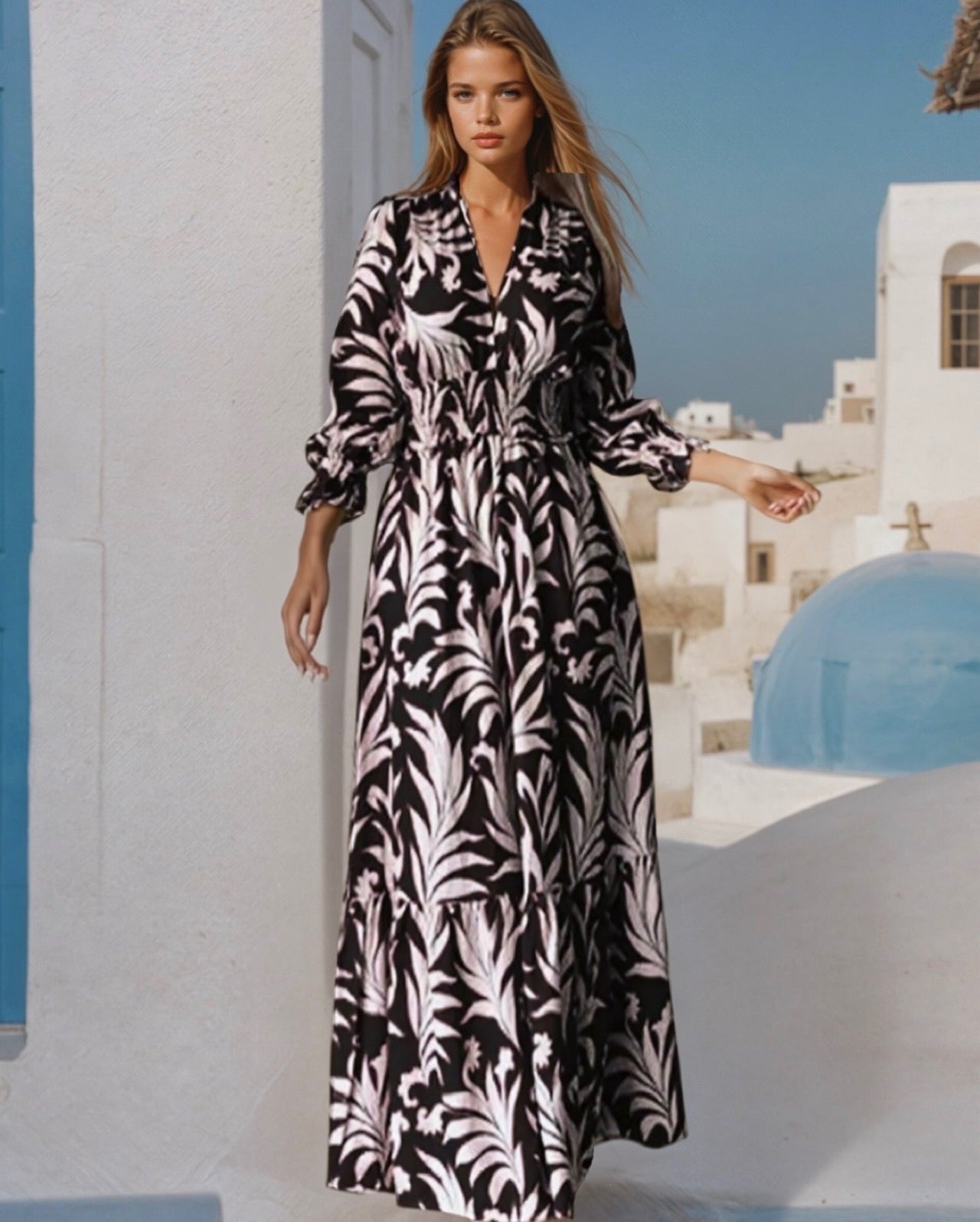 Long Caribbean dress with elasticated waist, printed, 6 colours, 6 sizes from 36-48