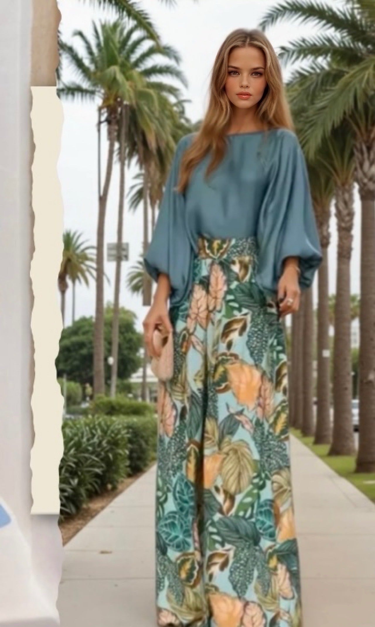 Conjunto Caribe 2 en 1 piezas camisa con puños de nido de abeja satinado y pantalón elástico parte trastera, 3 estampados, tallas (36-50)