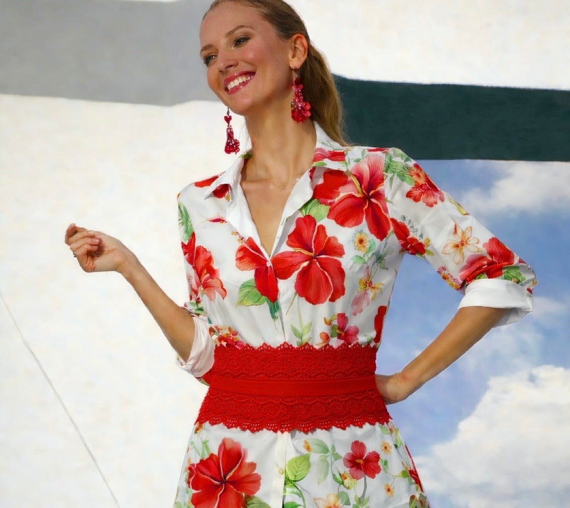 Anita cotton shirt, sash included, 2 prints, sizes (36-50)