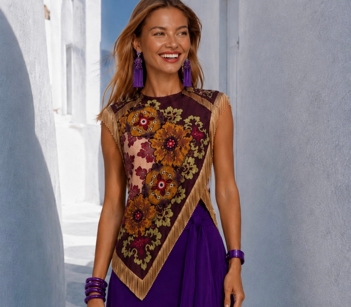 Conjunto Lisboa 2 piezas morado top estampado y falda volantes, tallas (34-48) vídeo