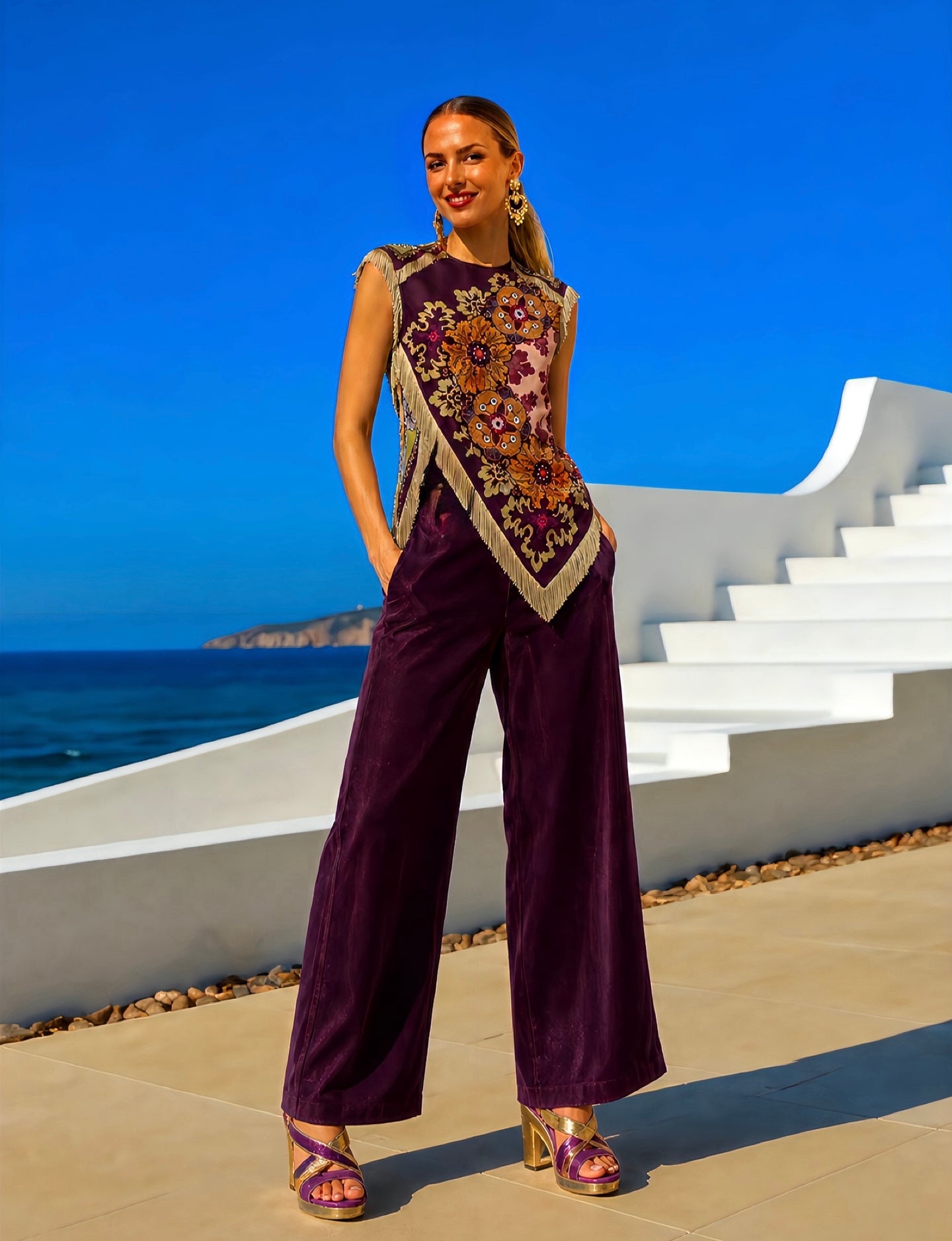 Feria fringed printed top in purple, sizes (34-48)