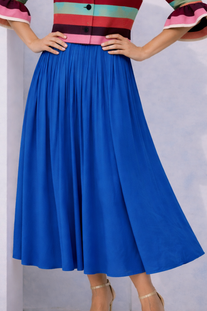 Anja skirt includes belt, pleated satin cotton, elastic waist, 4 colors sizes (36-46)