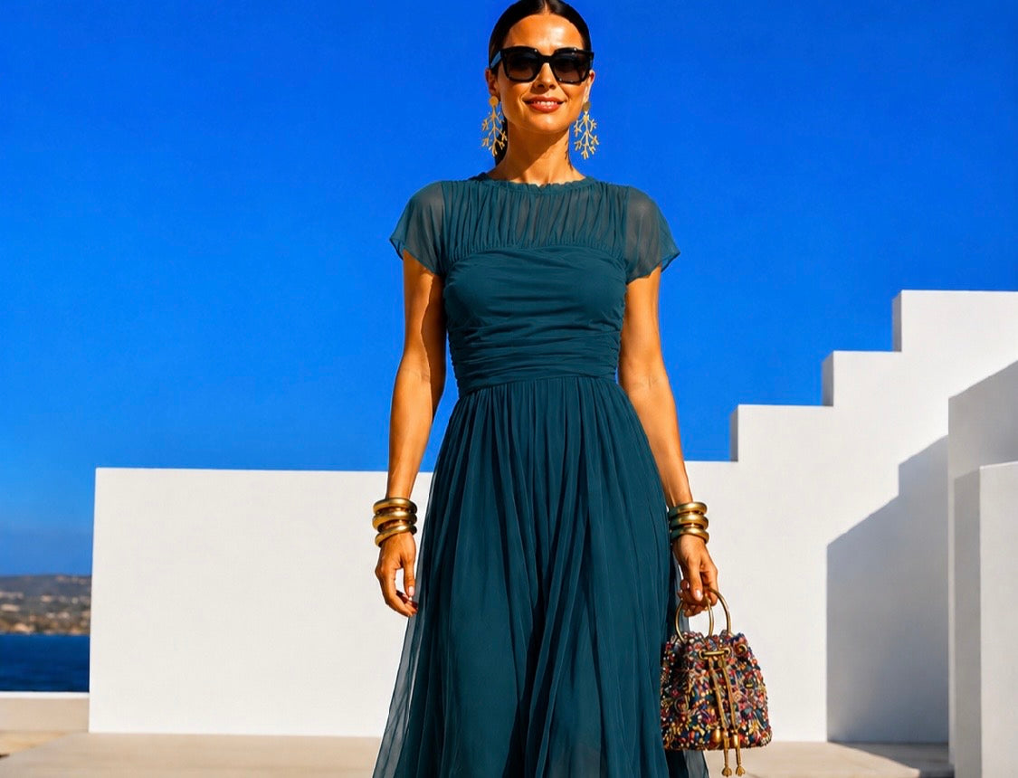 Quevedo stretch knit, chiffon, viscose, and tulle dress, elastane bust and waist, 2 colors, sizes (34-48) video