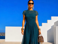 Quevedo stretch knit, chiffon, viscose, and tulle dress, elastane bust and waist, 2 colors, sizes (34-48) video
