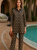Conjunto Nataly blusa y pantalón con cintura  elástica, algodón satinado caída, tallas (36-48)
