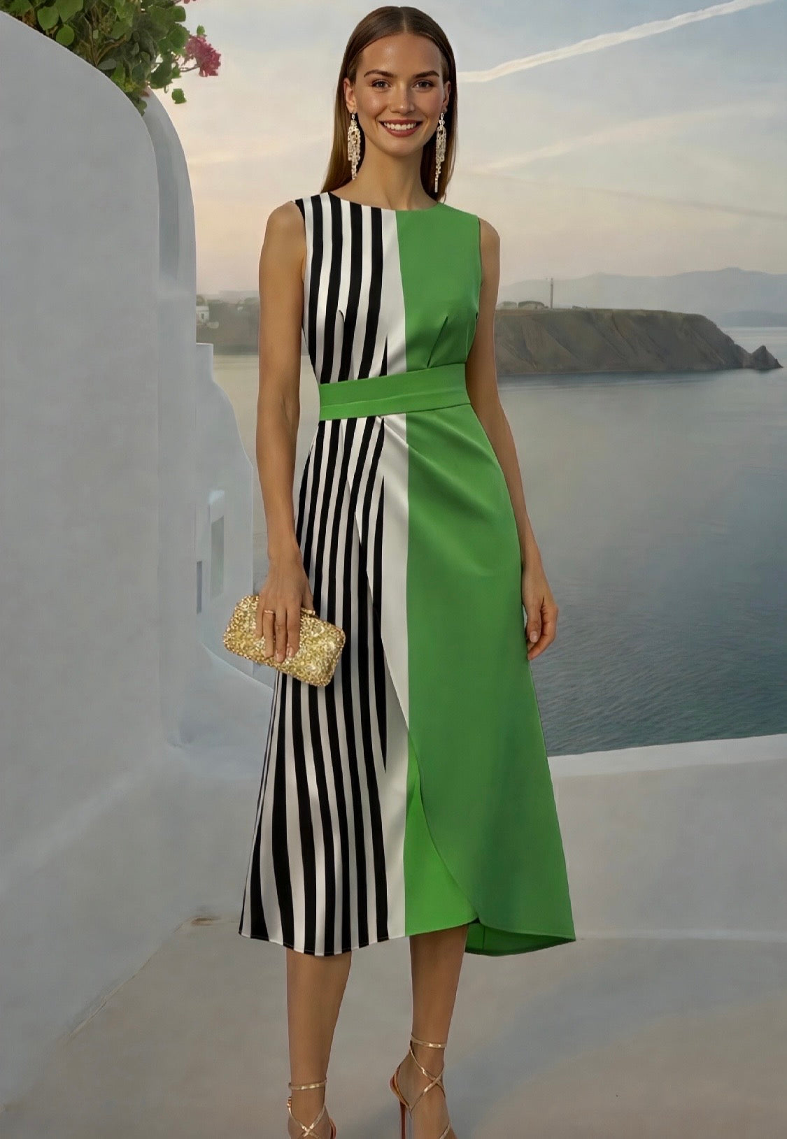 Vestido Verde rayas estampado de algodón licra incluye fajín, tallas (36-46)