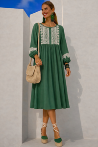 Vestido Janet bordado de lino de algodón licra con mangas elásticas, tallas (38-52) vídeo