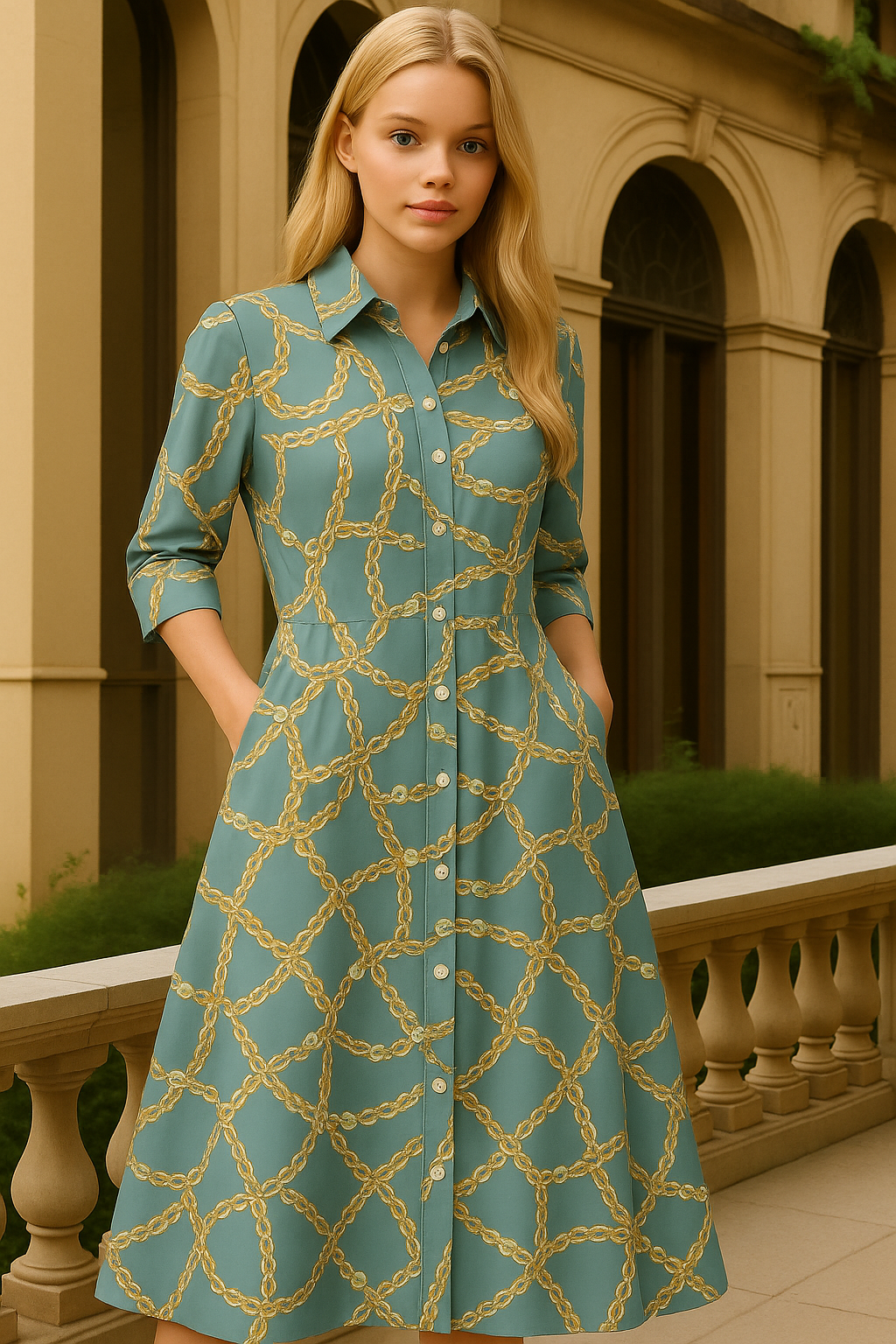 Eleonor V-neck dress, cotton with polyester drape, sizes (36-48)