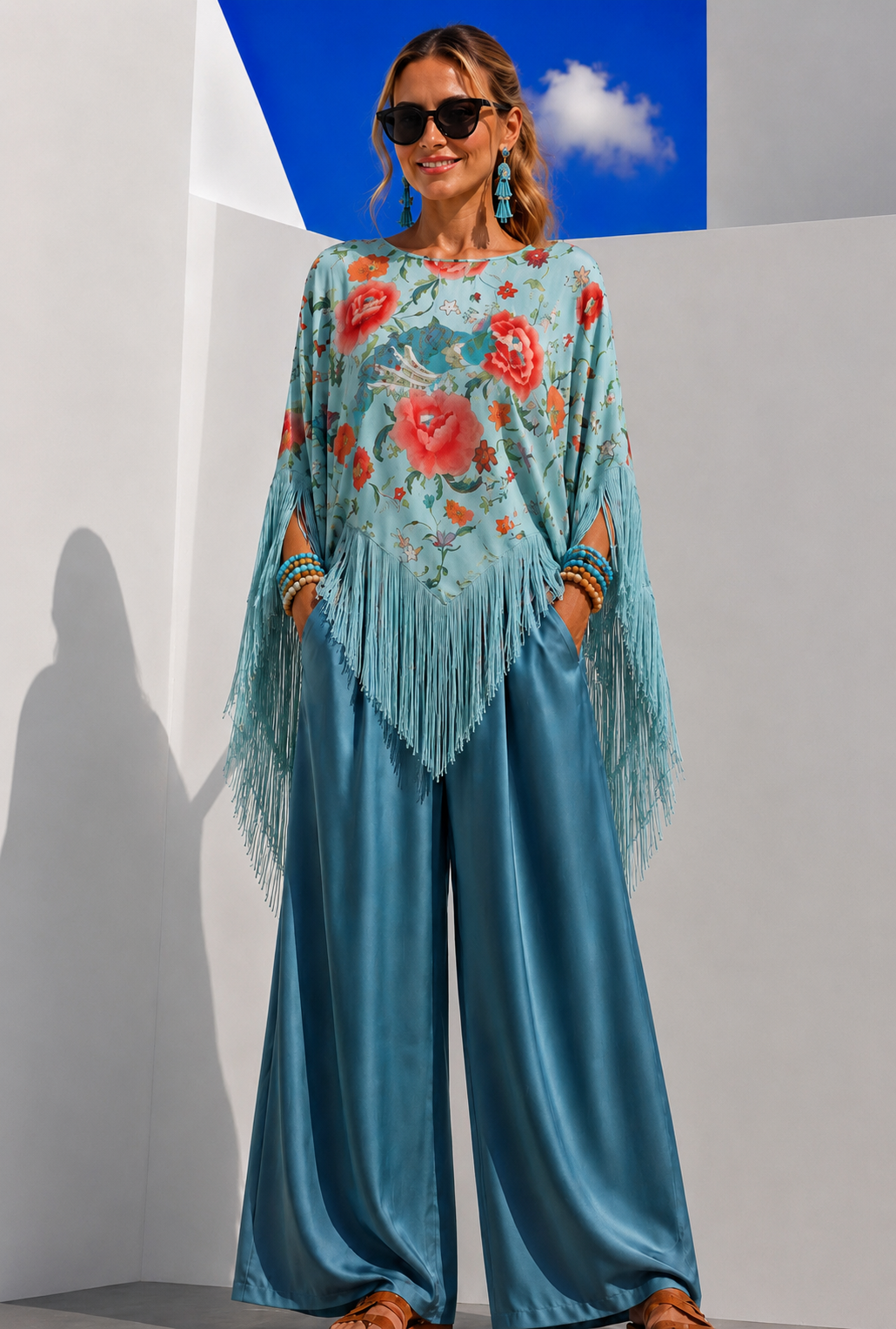 Aisha satin lycra elastane spandex fringe poncho blouse, 2 colors, size (34-50)video