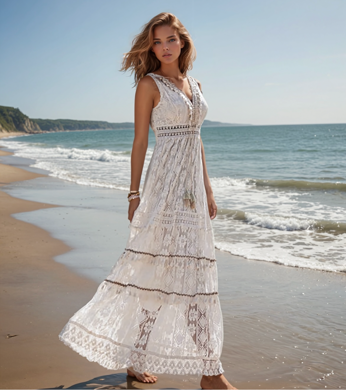 Vestido Sahara encaje, 2 colores , blanco y beige con forro interior, elástico, tallas (36-44)