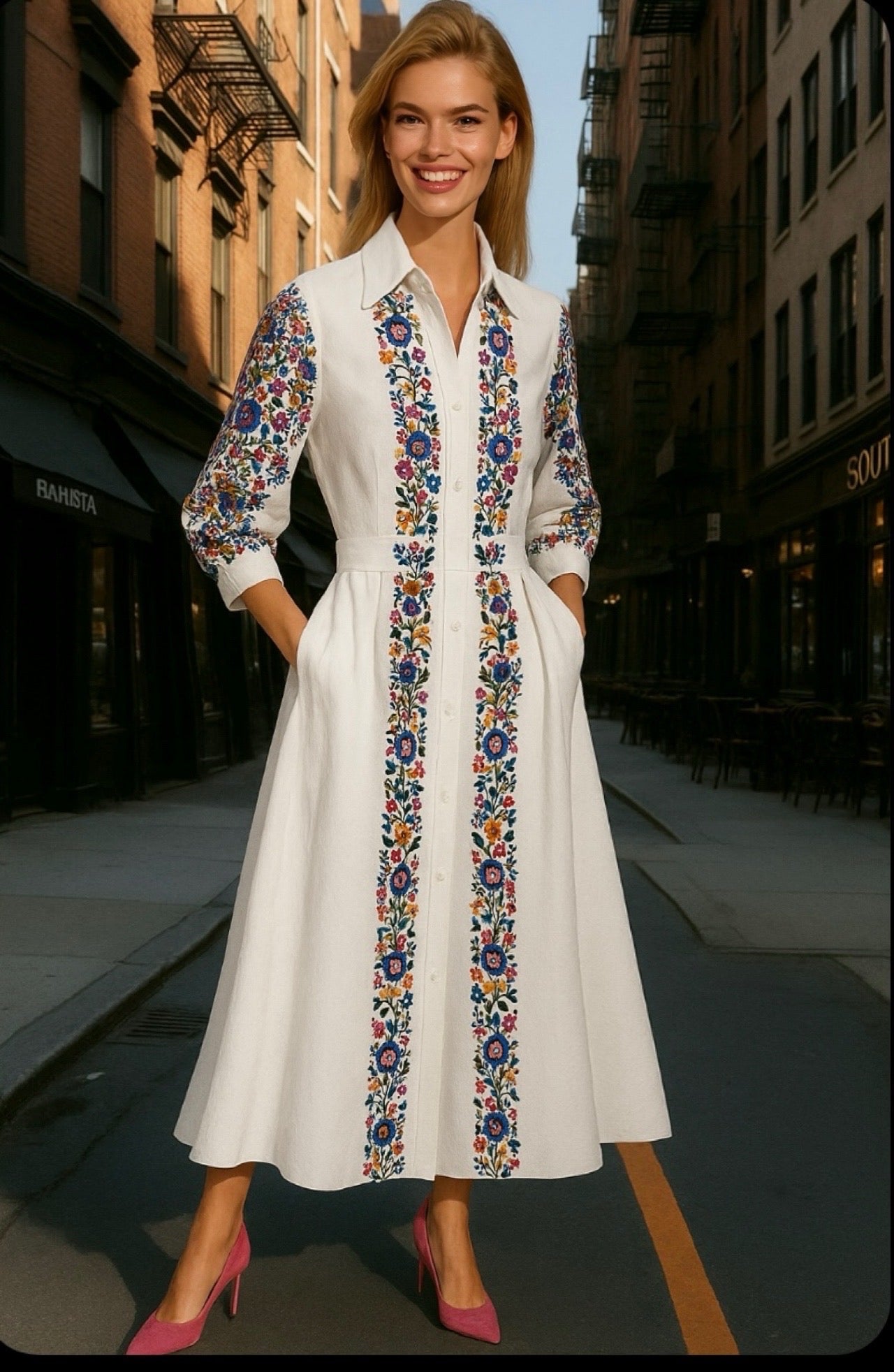 Shirley dress, printed cotton, elastic waist, long sizes (36-50)