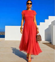 Vestido Quevedo punto licra, gasa, viscosa y tul, pecho y cintura elastane, 2 colores, tallas (34-48) vídeo