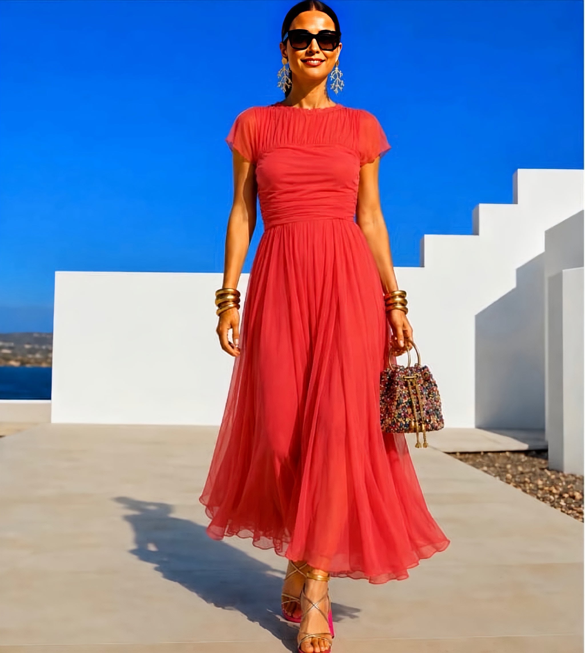 Vestido Quevedo punto licra, gasa, viscosa y tul, pecho y cintura elastane, 2 colores, tallas (34-48) vídeo