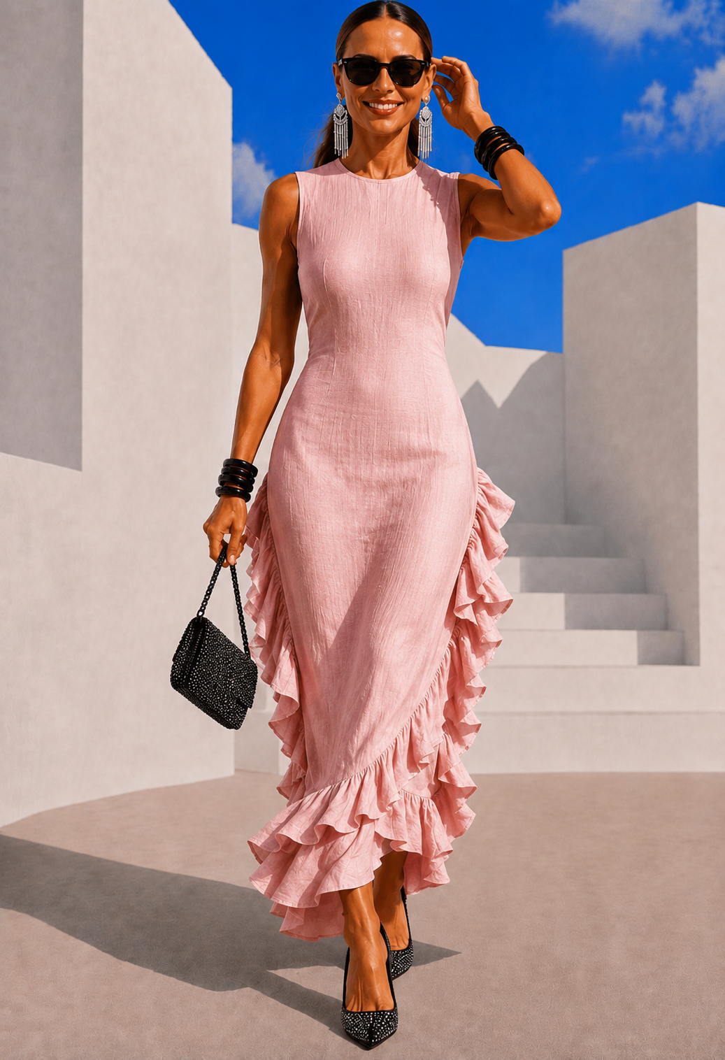 Hello linen-viscose dress with flounce and drape, 3 plain colours, sizes (34-48) video