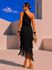 Vestido MYKONOS asimetríco flecos, 3 colores, tallas (36-46) vídeo