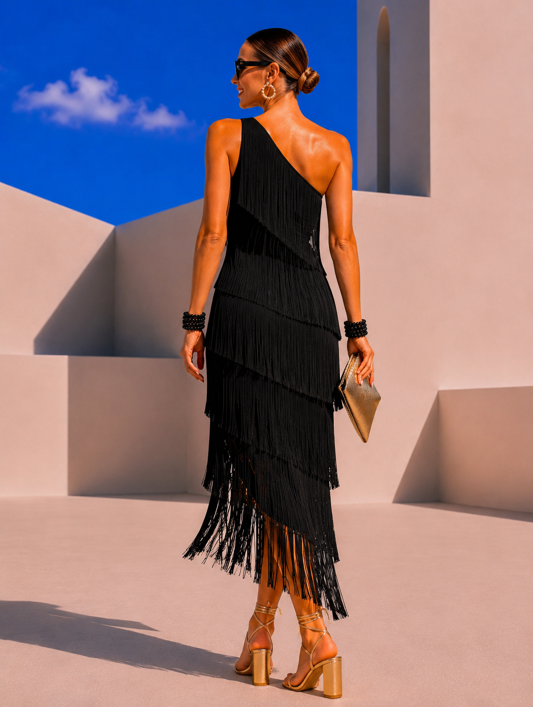 Vestido MYKONOS asimetríco flecos, 3 colores, tallas (36-46) vídeo