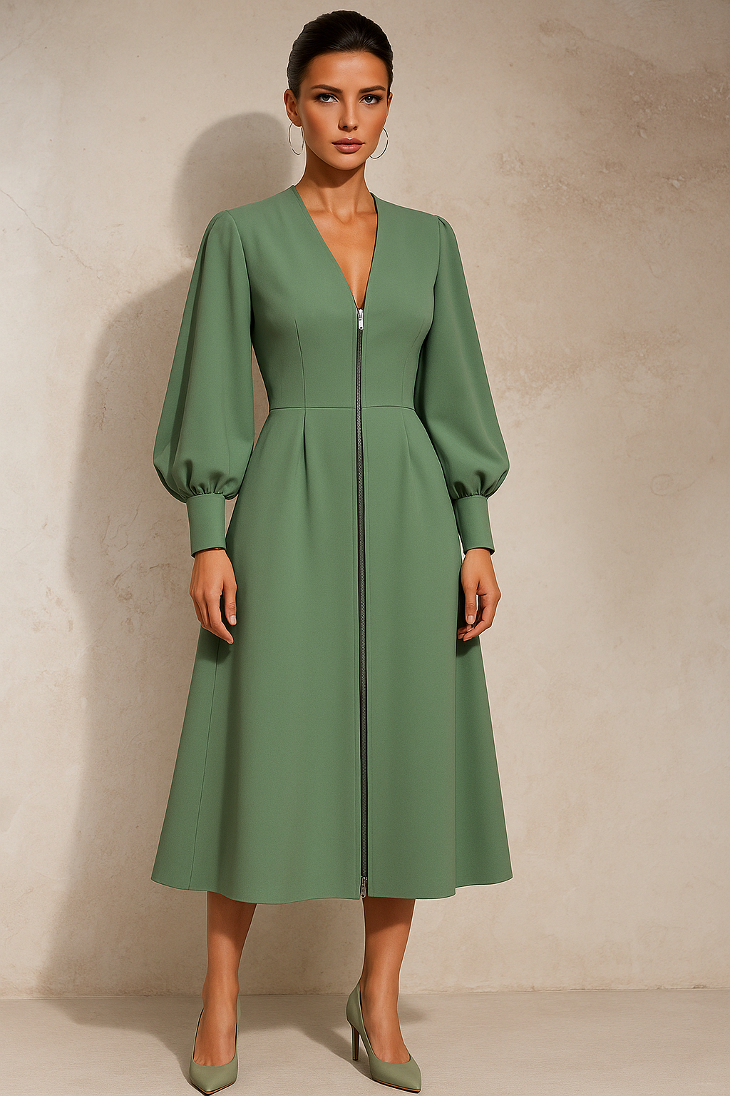 Vestido GRACE MIDI cremallera de crepe algodón licra, tallas (36-48)