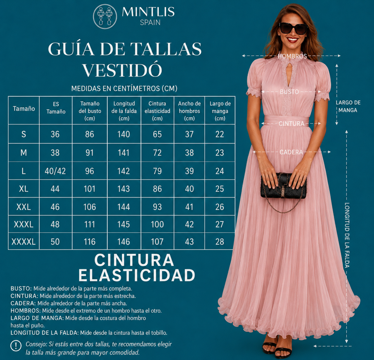 Vestido Lamberty rosa nude gasa cintura trasera elástica, tallas (35-48)