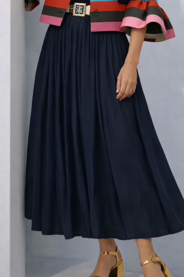 Anja skirt includes belt, pleated satin cotton, elastic waist, 4 colors sizes (36-46)