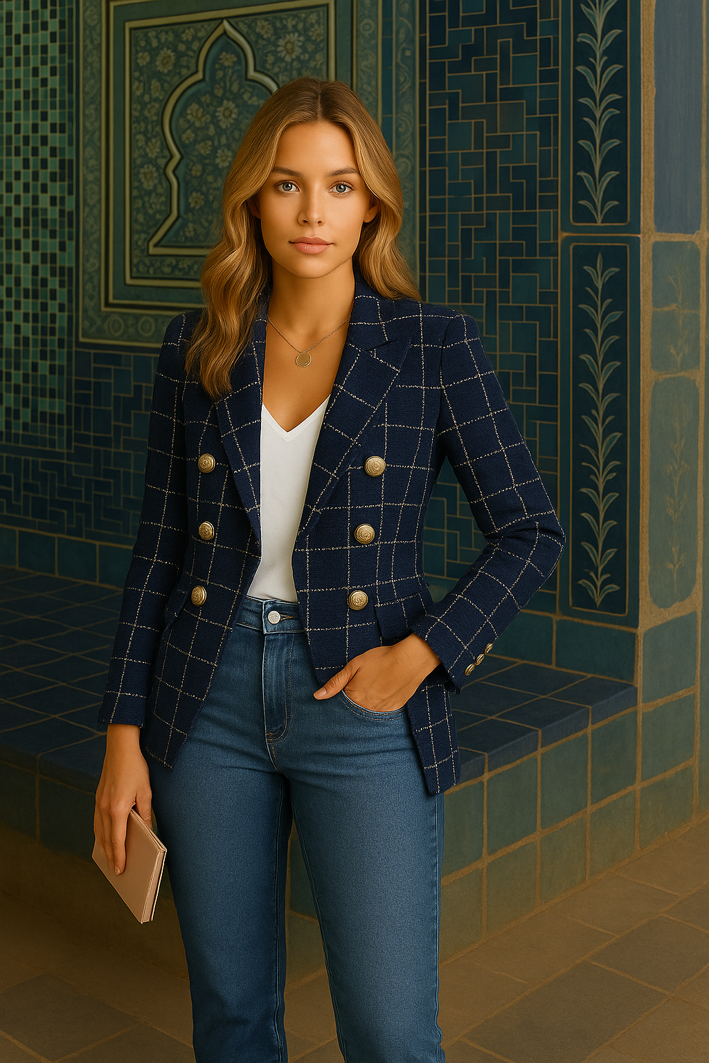 Blazer Capuccino de lana cuadros, tallas (36-48) made in Italy