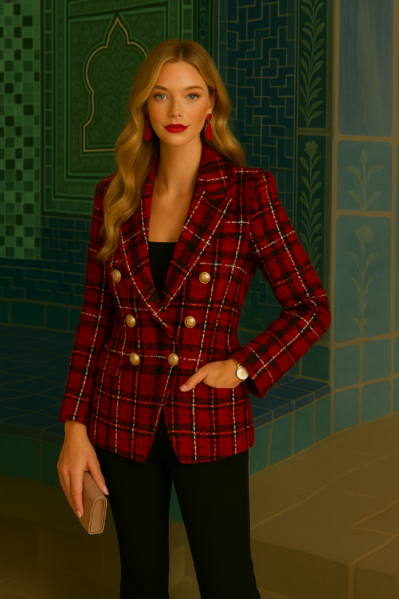 Blazer Aire, lana tweed, 4 estampados  con bolsillos, botones dorados, tallas (36-50) made in Italy