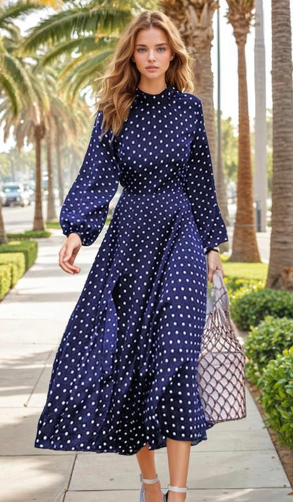 SOHO asymmetric polka dot midi dress, Blue, size (36-38) 48/72 hrs free shipping