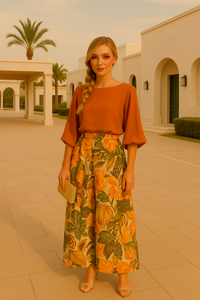 -39% OFF ULTIMAS UNIDADES ✅conjunto 2 piezas camisa gasa satinado y pantalón elástico Tropicana,    tallas (36-50)4 colores, made in Italy