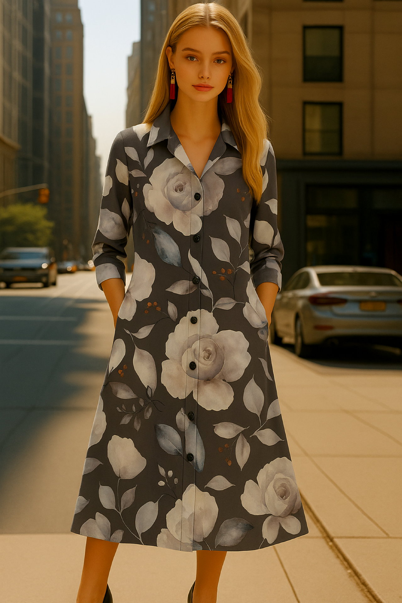 Eleonor V-neck dress, cotton with polyester drape, sizes (36-48)