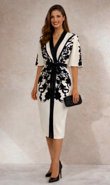 Vestido Carmina crepe estampado con fajín de algodón por debajo de la rodilla con fajín tallas (36-48)