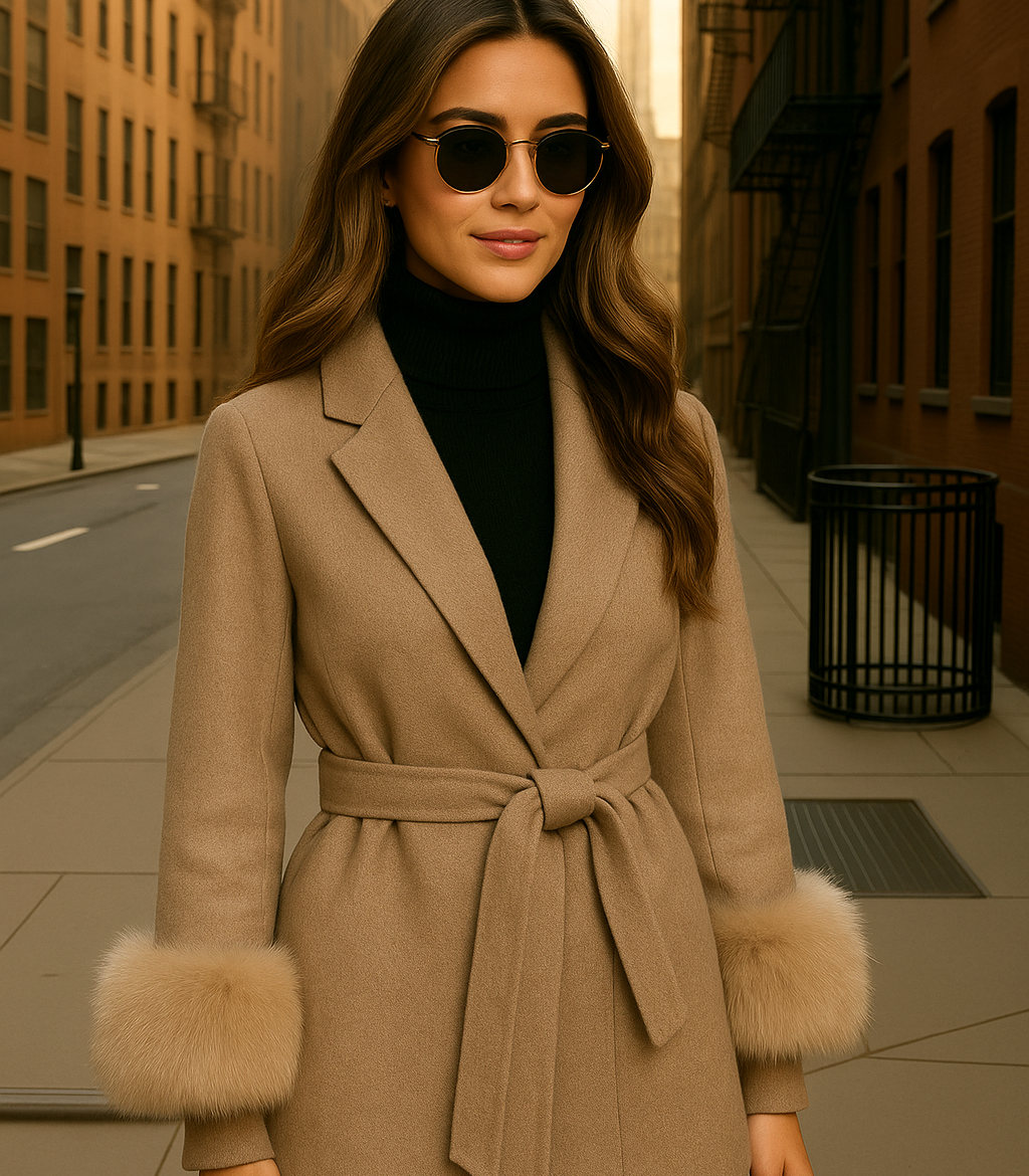 Fiorella 100% wool blazer with faux fur trim and belt, 7 colors, sizes (36-48)