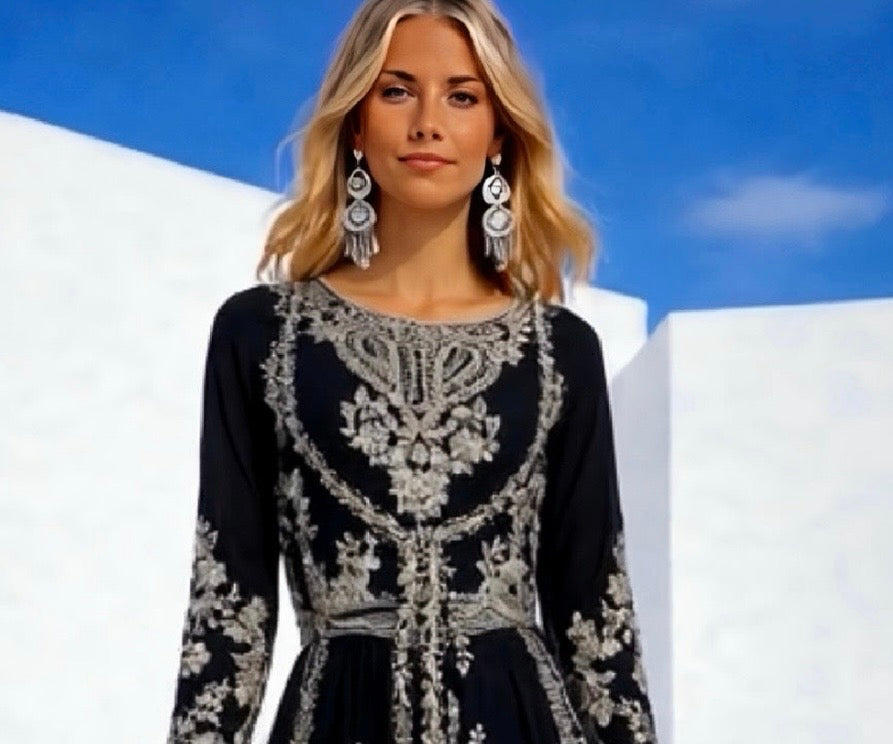 Vestido Bollywood bordado hilo plata gasa  chiffon, forro interior, tallas (34-52)made in India handmade