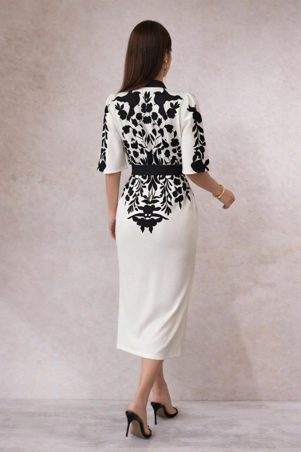 Vestido Carmina crepe estampado con fajín de algodón por debajo de la rodilla con fajín tallas (36-48)