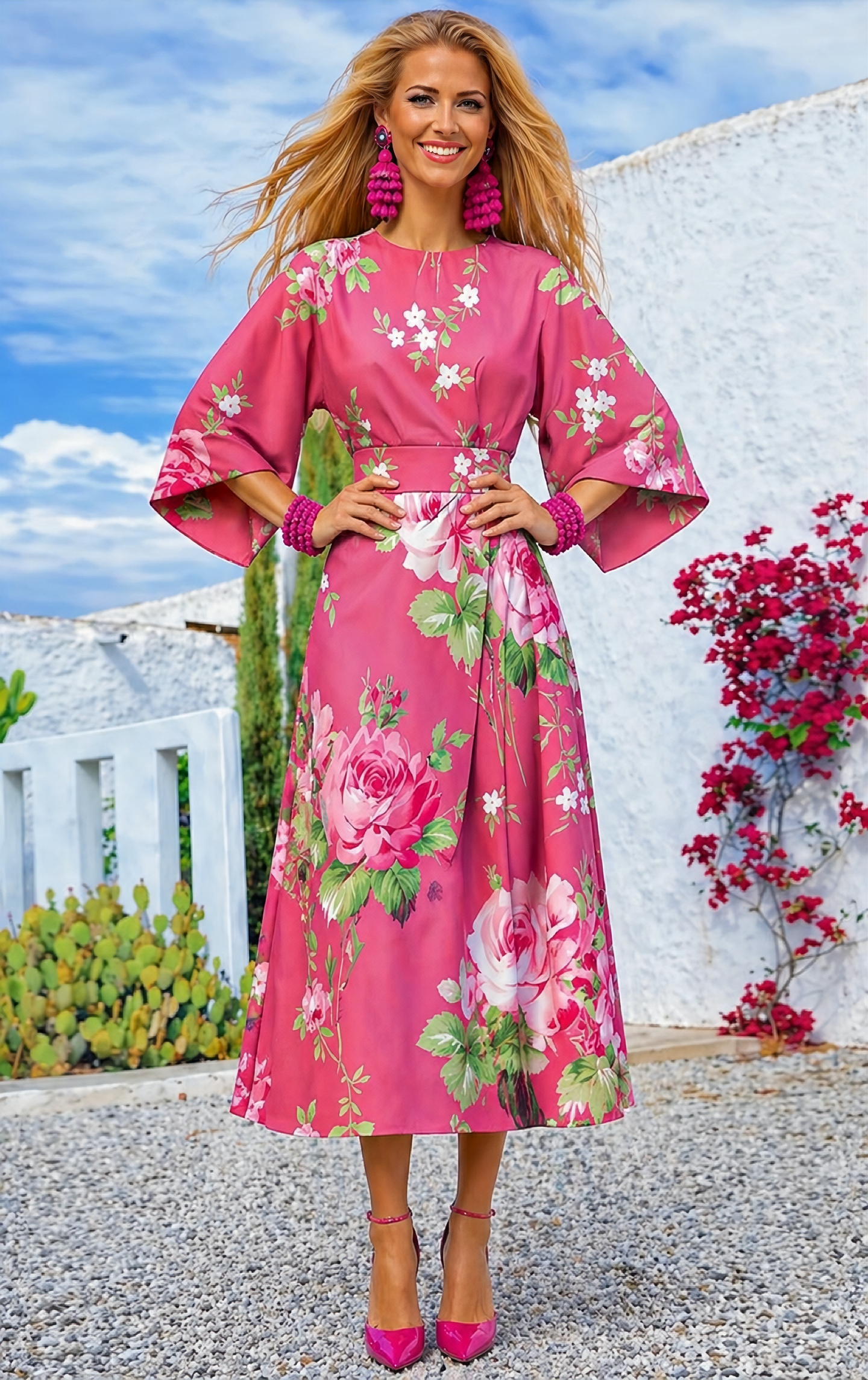 Vestido Pinky flower punto algodón licra, tallas (34-52) vídeo