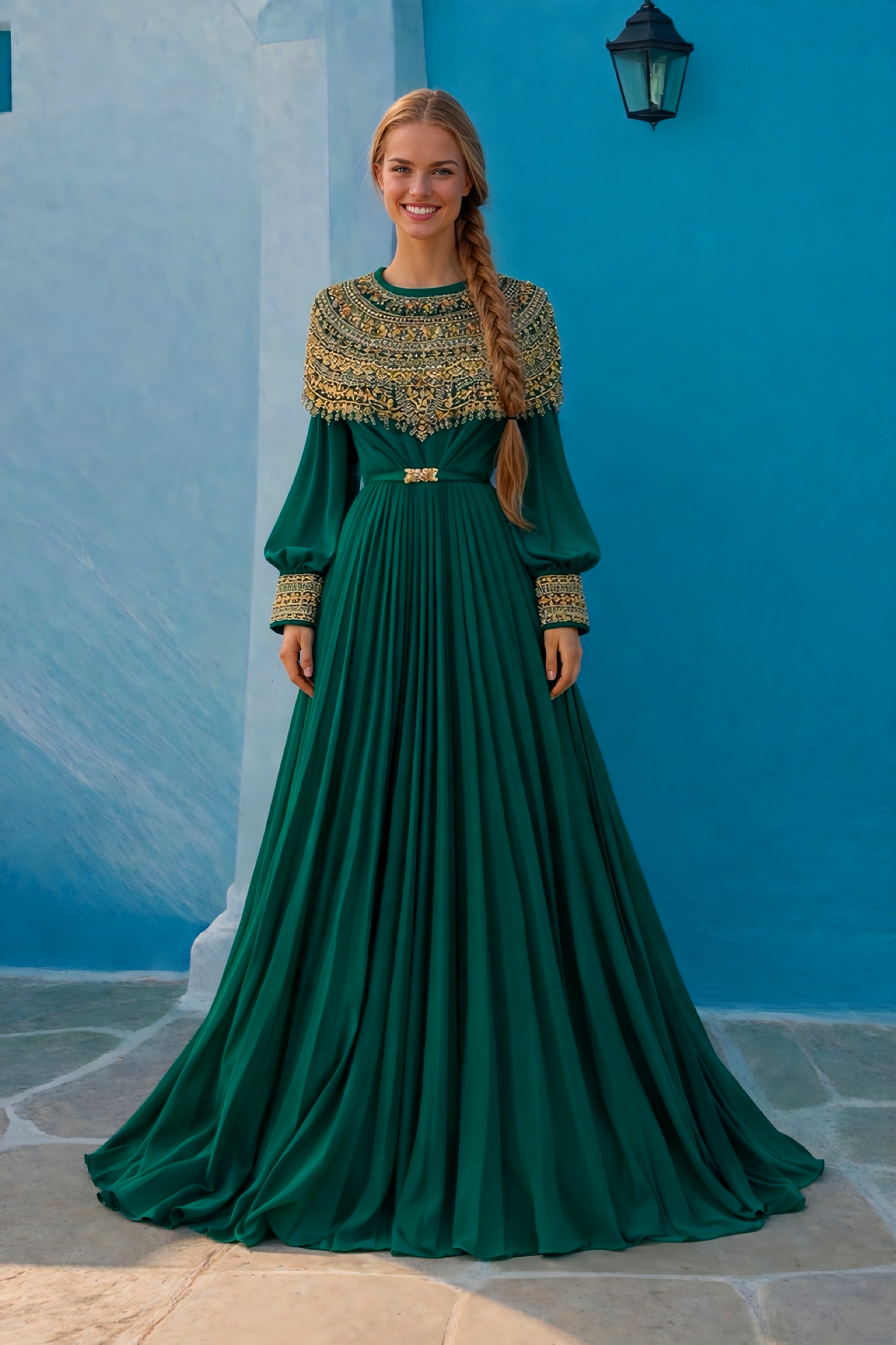 Vedtido Rania de gasa plisado satinado bordado, 6 colores, tallas (36-46)