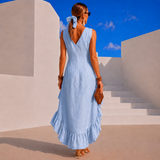 Vestido Costa cuello pico lino de algodón, 5 colores, tallas (34-50) video