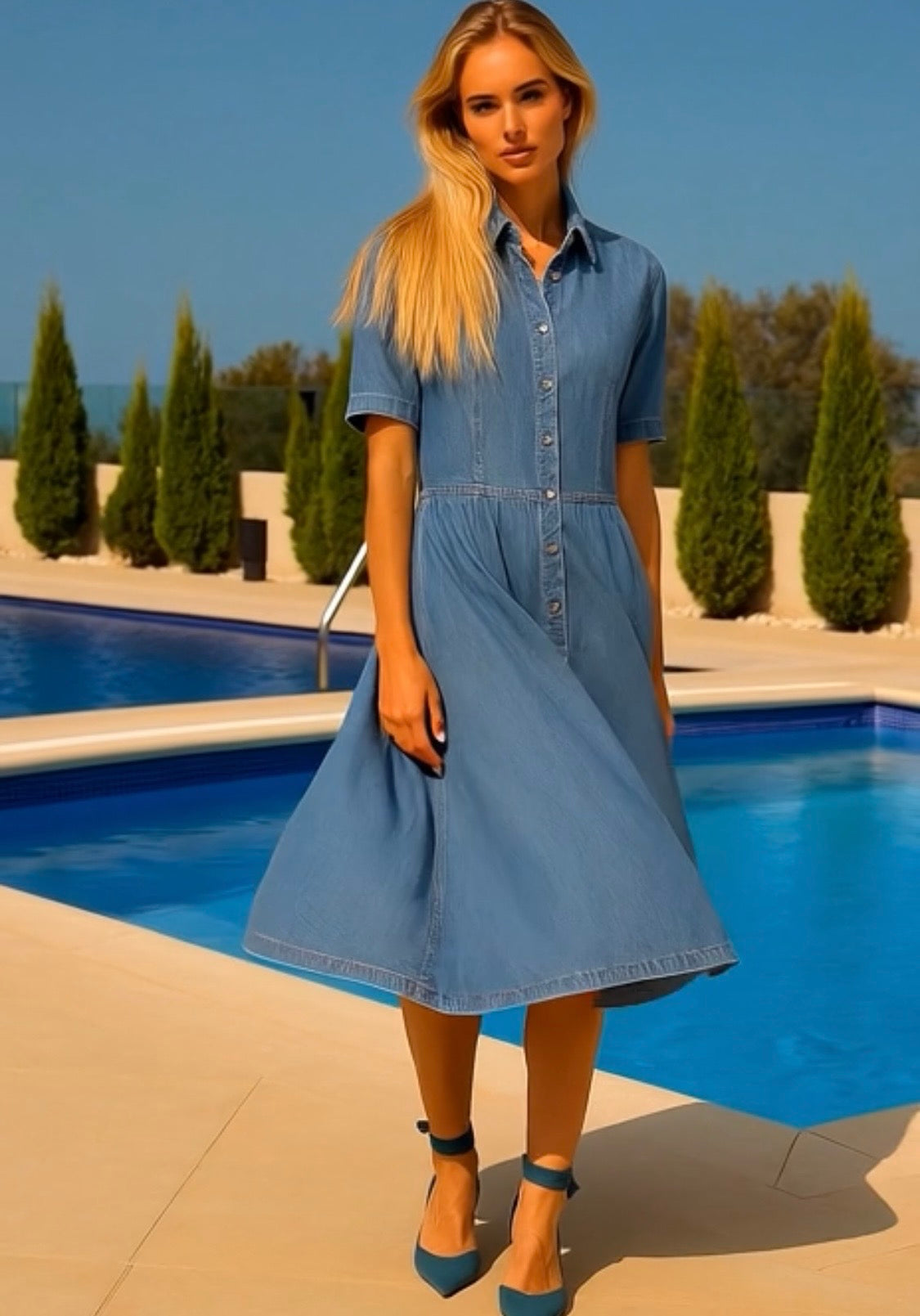 Vestido Denis Denim camisero vaquero licra bolsillos, tallas (36-50)(vídeo)