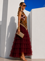 Conjunto Lisboa 2 piezas color vino top estampado y 4 colores de falda tul tupida cintura elástica, tallas (34-48) vídeo