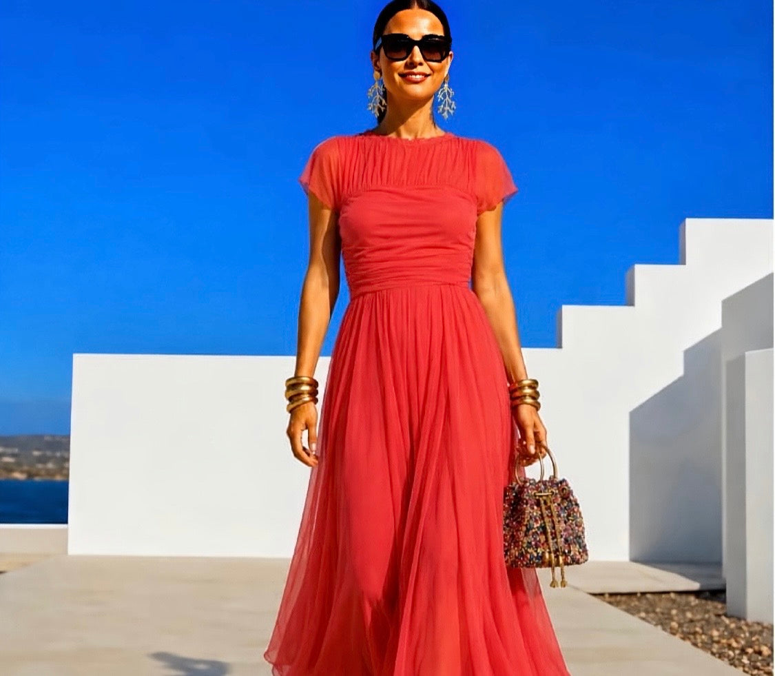 Vestido Quevedo punto licra, gasa, viscosa y tul, pecho y cintura elastane, 2 colores, tallas (34-48) vídeo