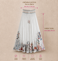 Falda Bendimia larga bordada streck, talla única (64 cm a 110cm) cintura elástica