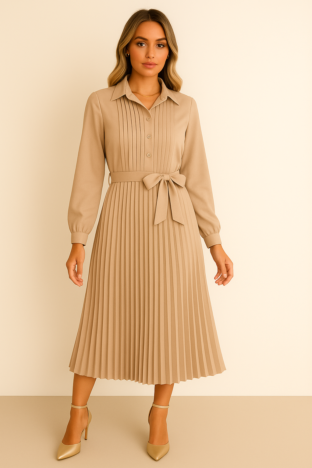 Vestido Love camisero con botones plisado con fajín , 4 colores, tallas (36-50)made in Italy