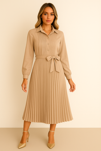 Vestido Love camisero con botones plisado con fajín , 4 colores, tallas (36-50)made in Italy
