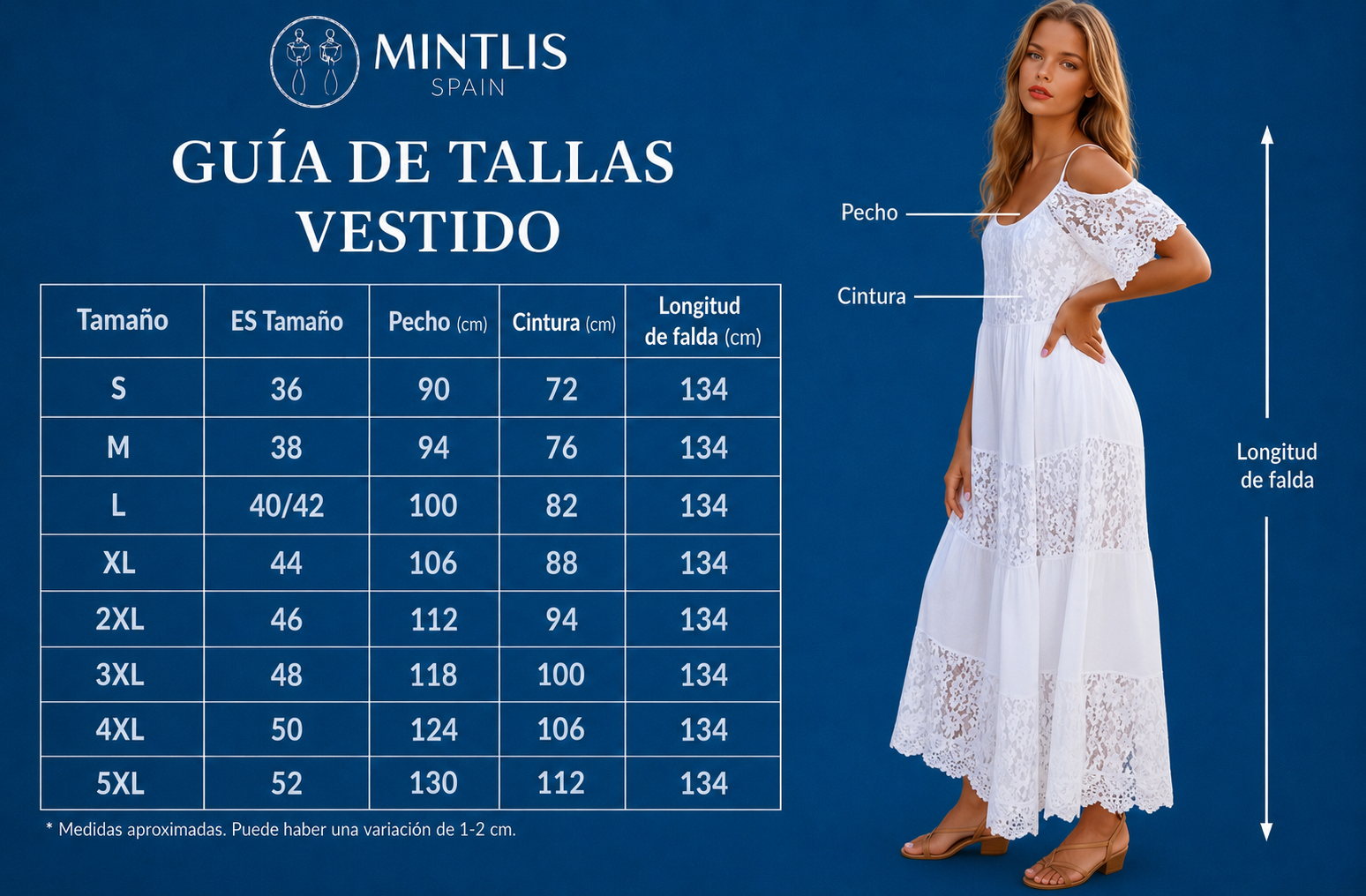 Mintlis women, cotton lace embroidery brocade, Lanzarote dress, (36-52) white