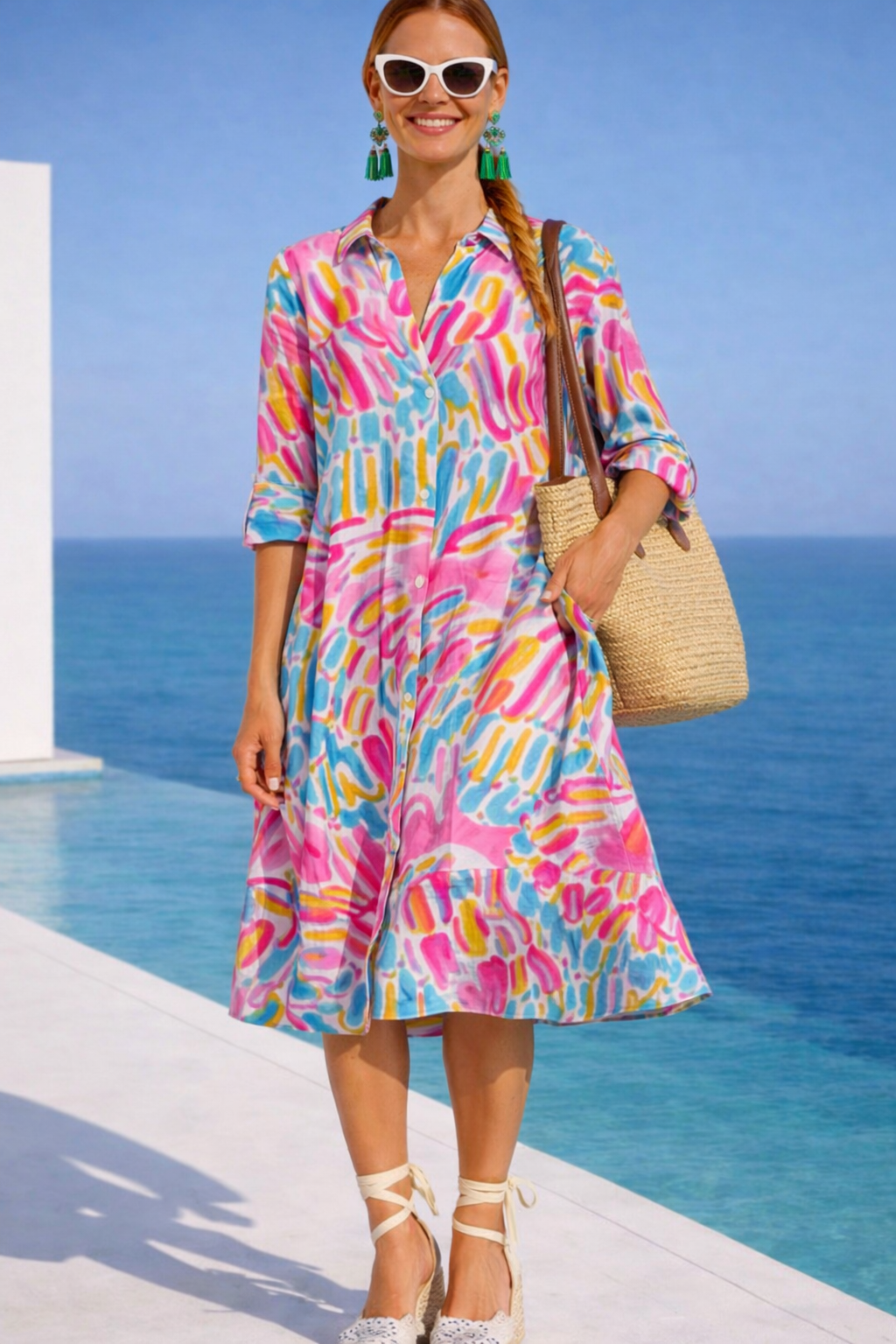 Vestido Roxana flores algodón camisero bolsillos, 3 estampados, tallas (36-50) (video)