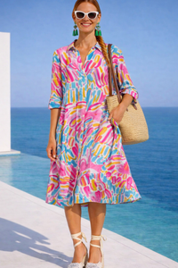 Vestido Roxana flores algodón camisero bolsillos, 3 estampados, tallas (36-50) (video)