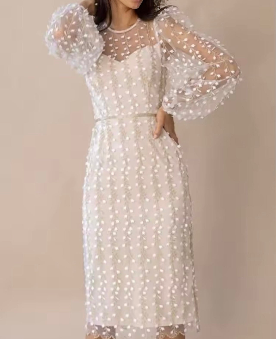 Hillary embroidered dress, tulle lace with belt, 5 colors, sizes (36-46)