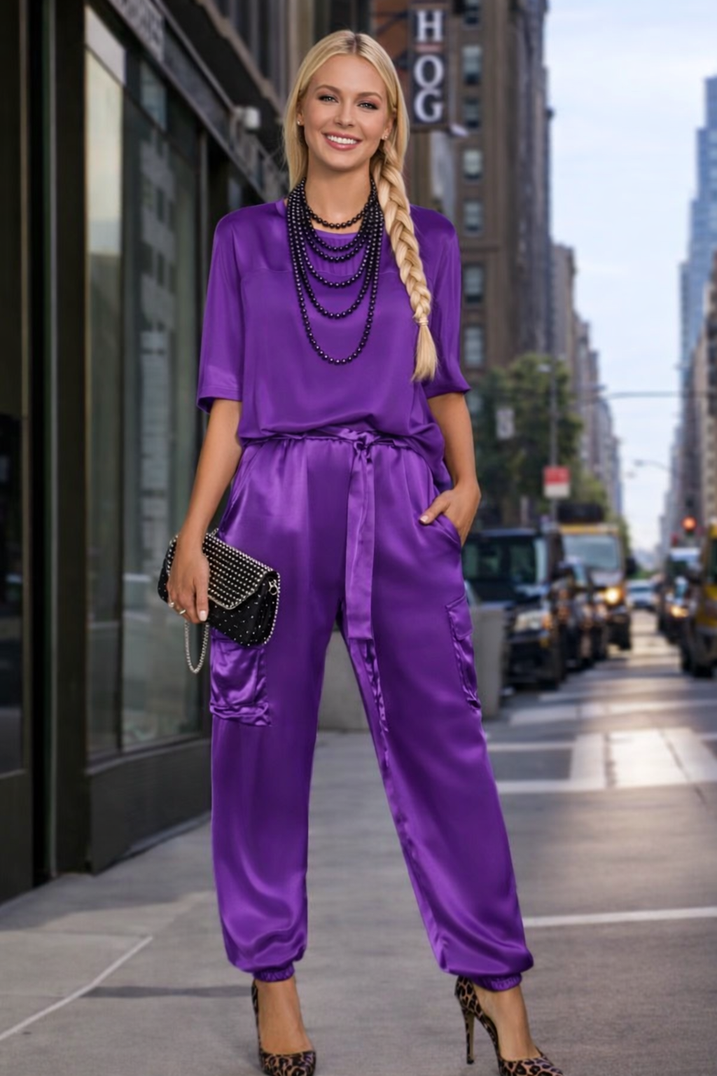 Conjunto Billion top y pantalón elástico satinado, 4 colores tallas (36-48)